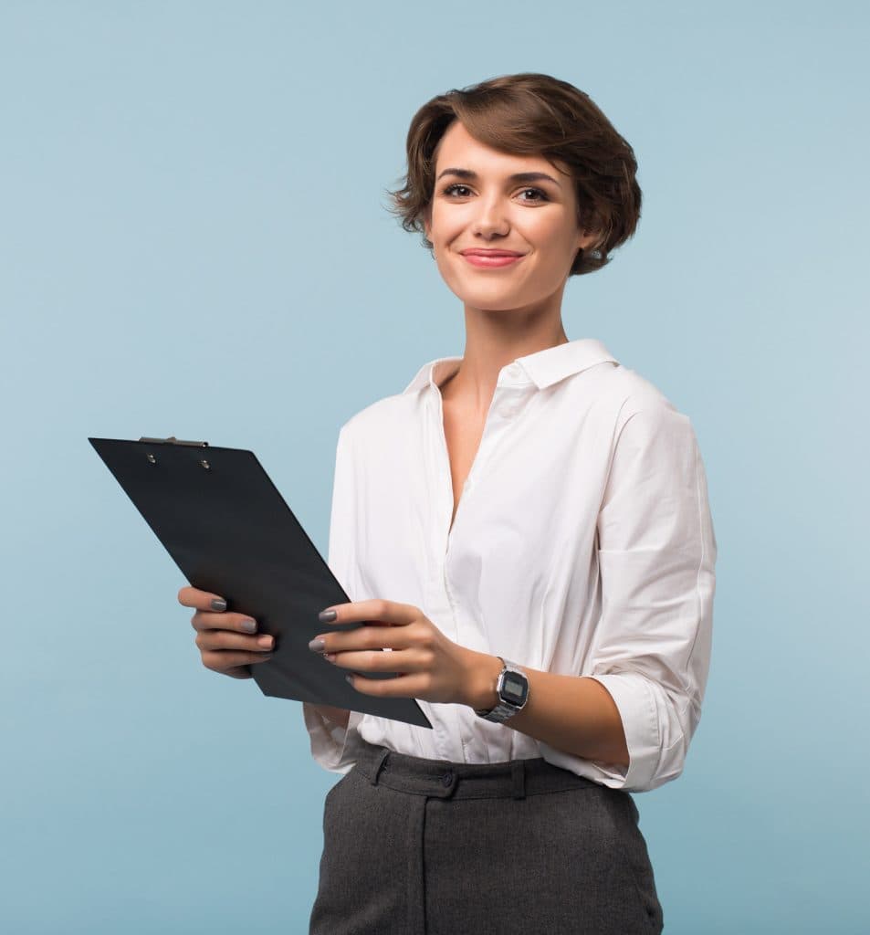 A business woman holding a clipboard over blue background.