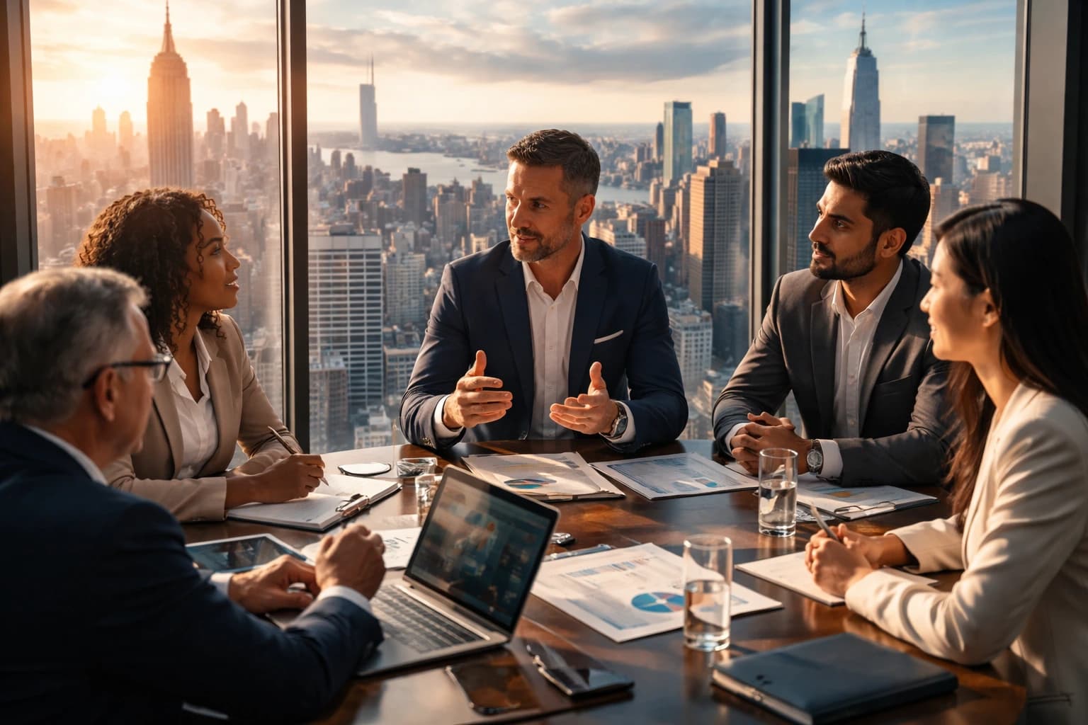 Investor visa USA concept with entrepreneurs and skyline