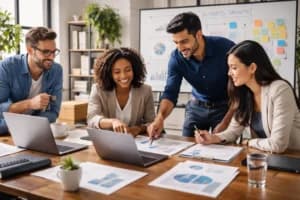 Startup team working on growth strategy and projections
