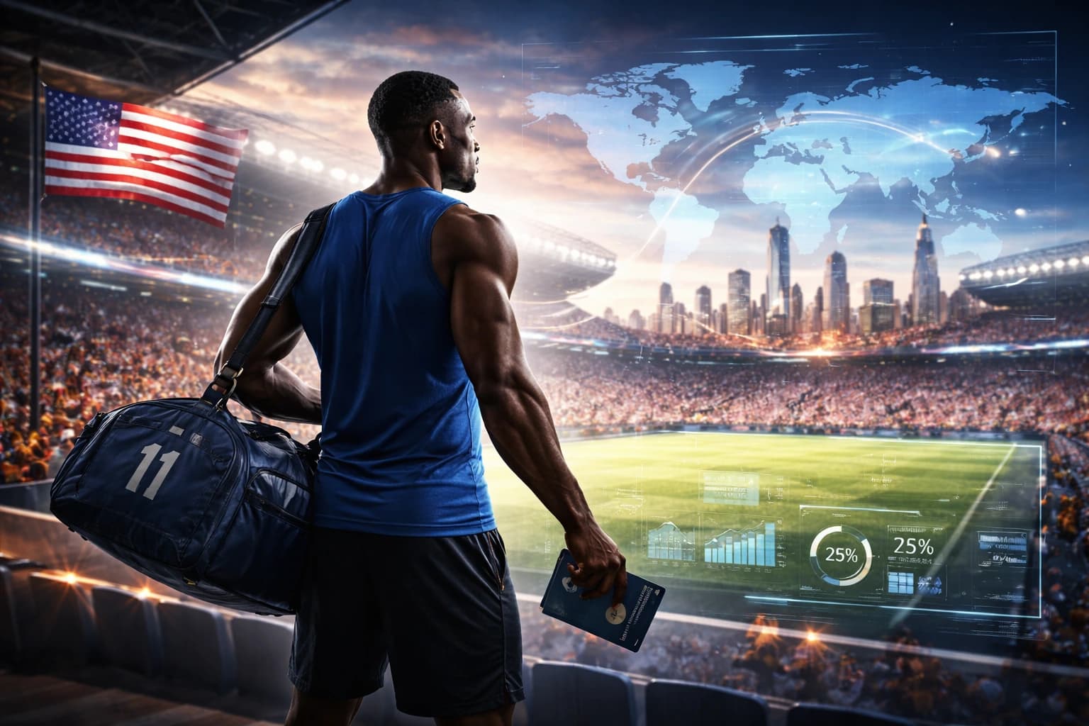 International athlete holding passport in US stadium with global map overlay representing sports visas and immigration opportunities